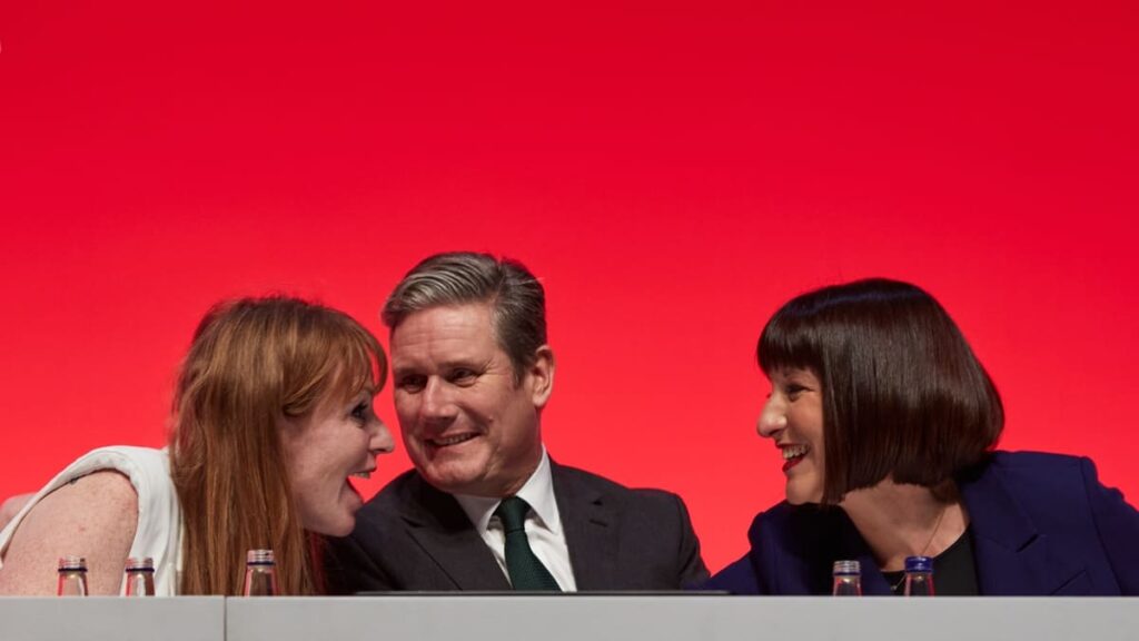 Labour deputy leader Angela Raynor, leader Keir Starmer and shadow chancellor Rachel Reeves enjoy a quip