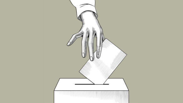 An illustration of a hand putting a piece of paper into a ballot box