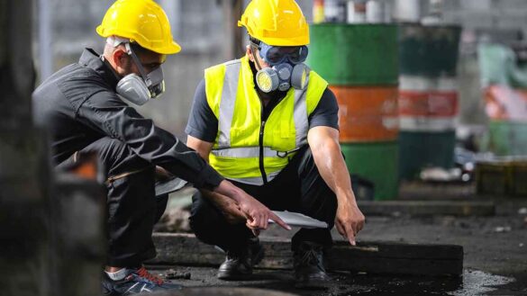 Health and Safety at Work Act 50 years: Image shows two men in hard hats, goggles and breathing apparatus