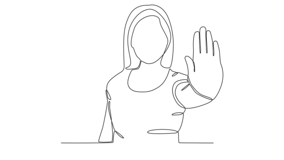 New duty to prevent sexual harassment: Line drawing shows a a woman holding her hand out to say "stop".