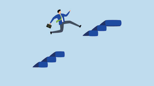 Immigration skills gap. Illustration shows man jumping a gap in the stairs.