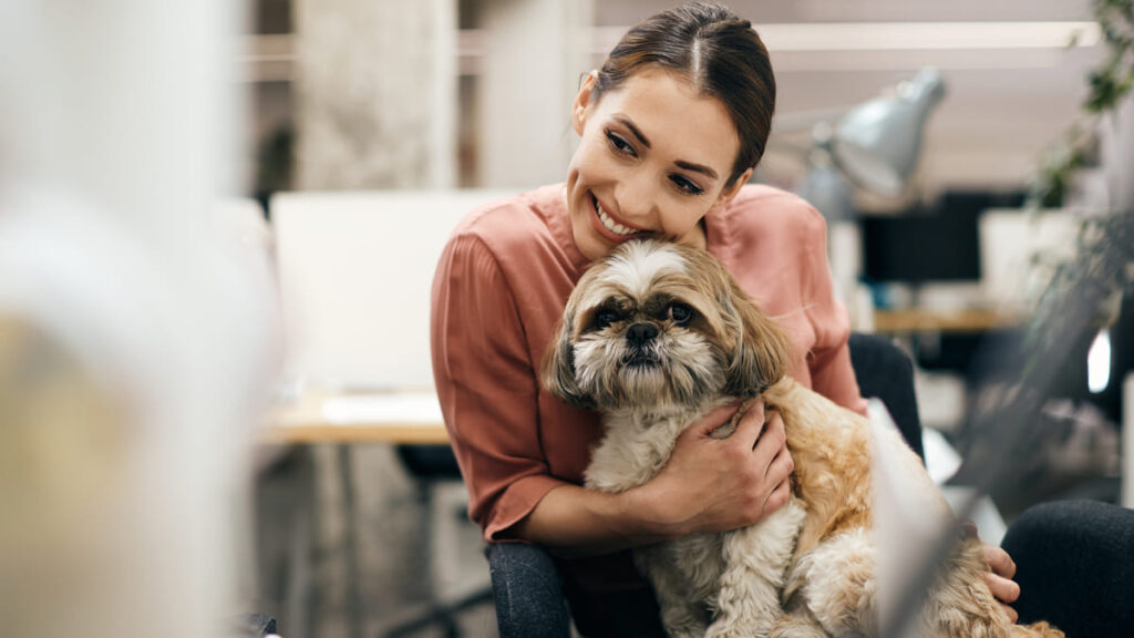 Woman in office cuddling dog