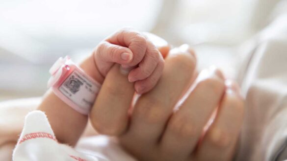 Neonatal care leave pay. Photo shows premature baby's hand and mother's hand.