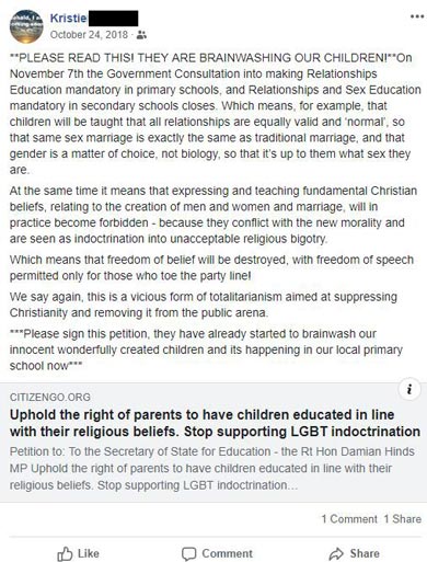 Kirstie Higgs v Farmor's School implications. Image shows the Facebook post in question